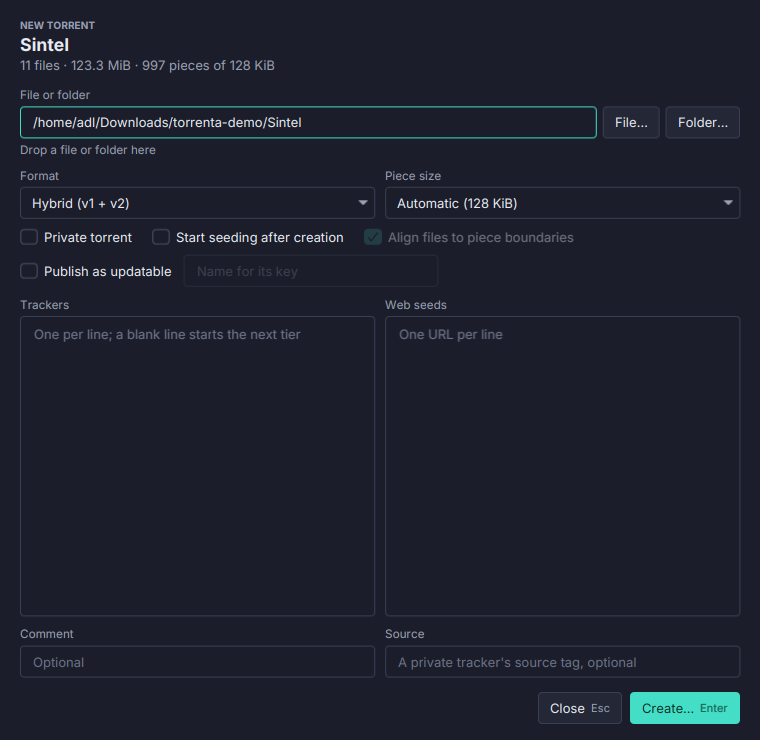 Create torrents in Torrenta