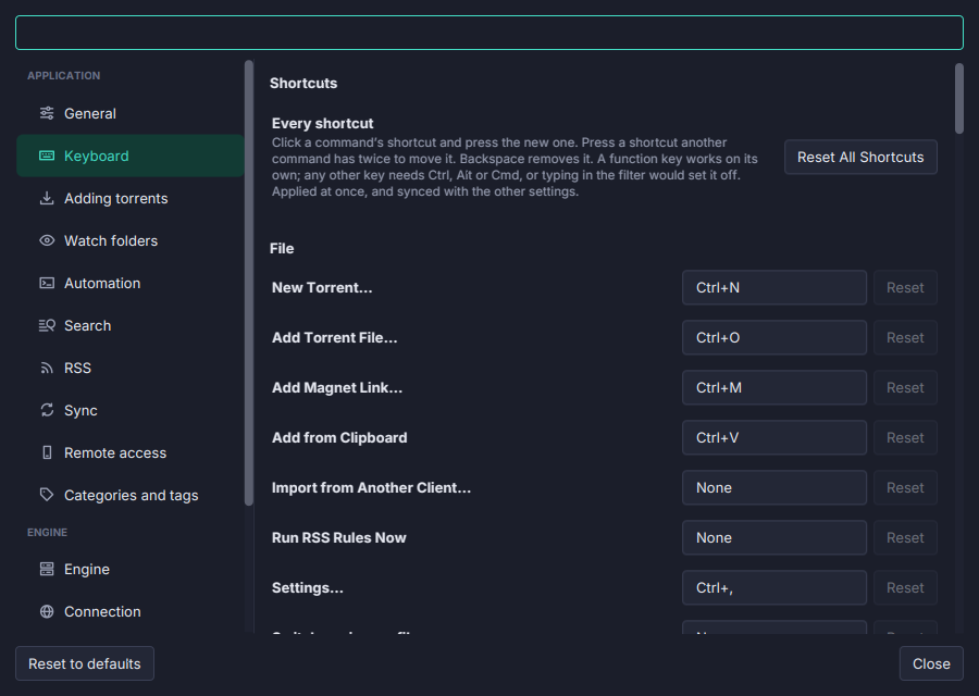 Shortcuts you can change in Torrenta