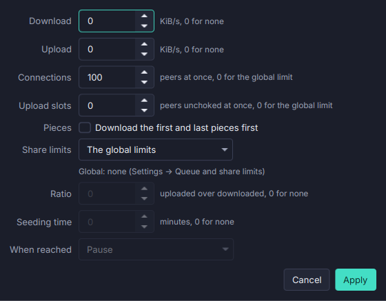 Queue, share and speed limits in Torrenta