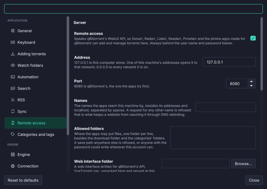 Remote access: qBittorrent's web API in Torrenta