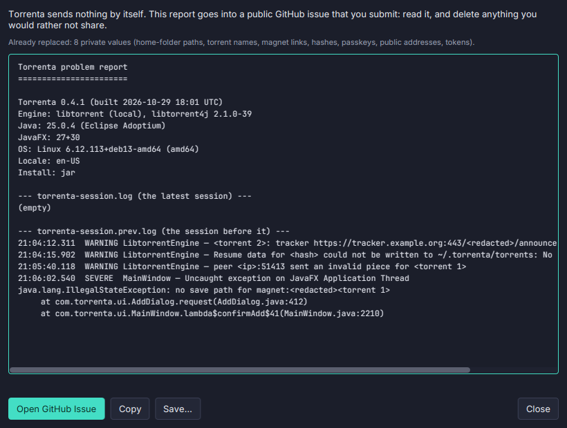 Report a Problem in Torrenta