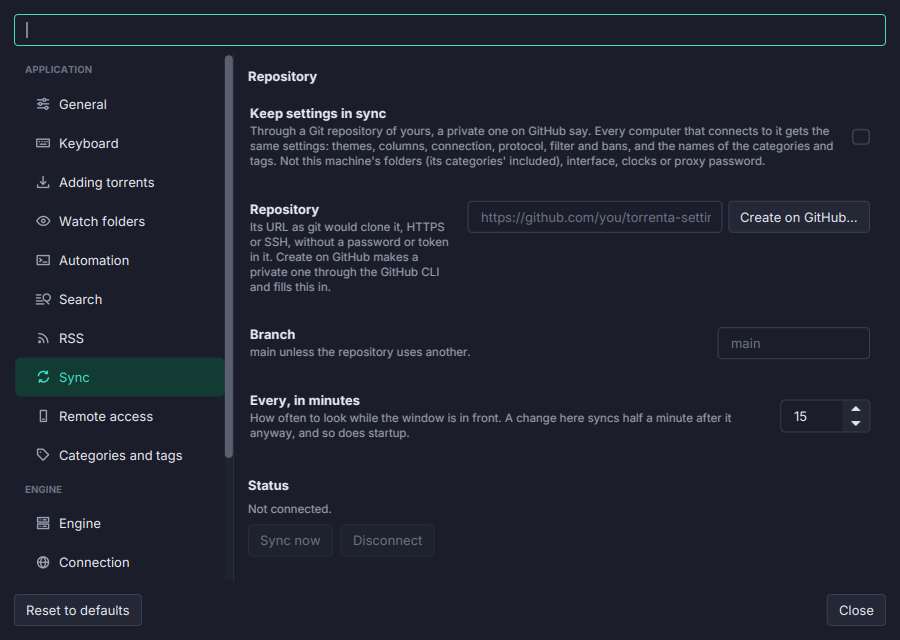Settings and sync in Torrenta