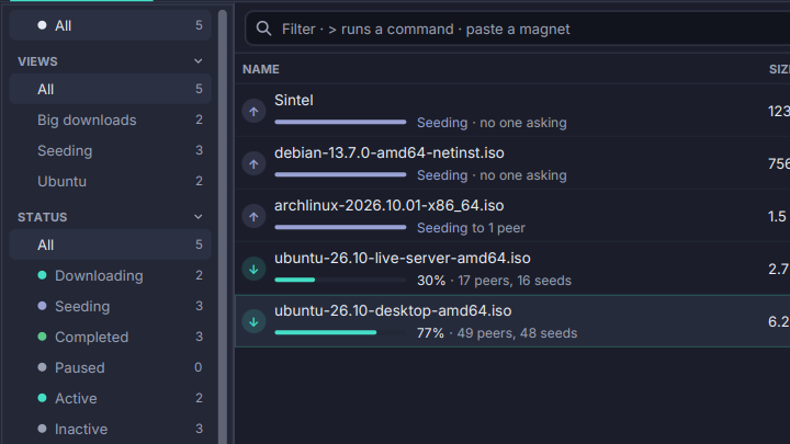 Sidebar filters in Torrenta