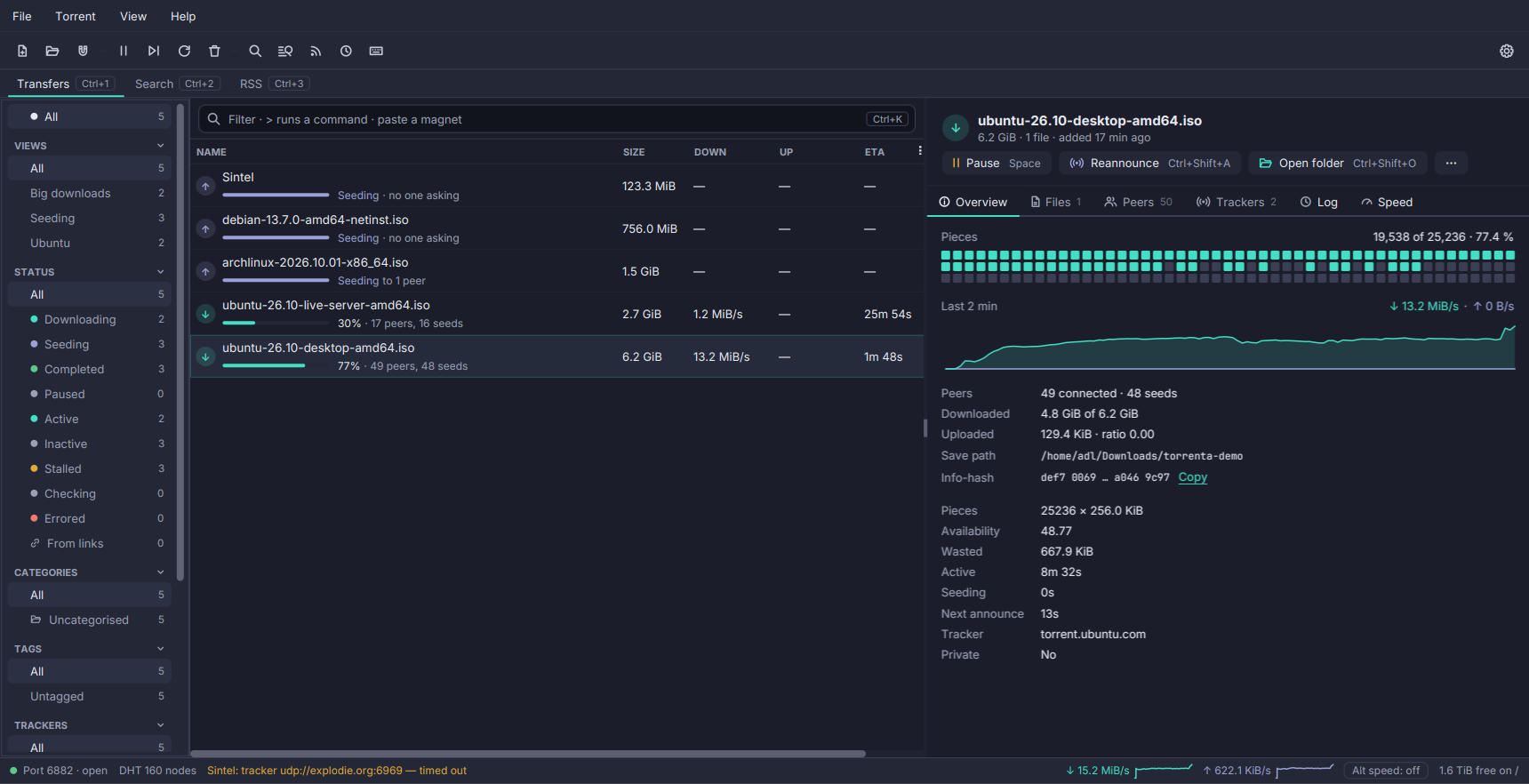 Torrenta's main window: a sidebar of filters, five torrents downloading and seeding, and the details pane showing the selected torrent's pieces, a speed graph and its facts